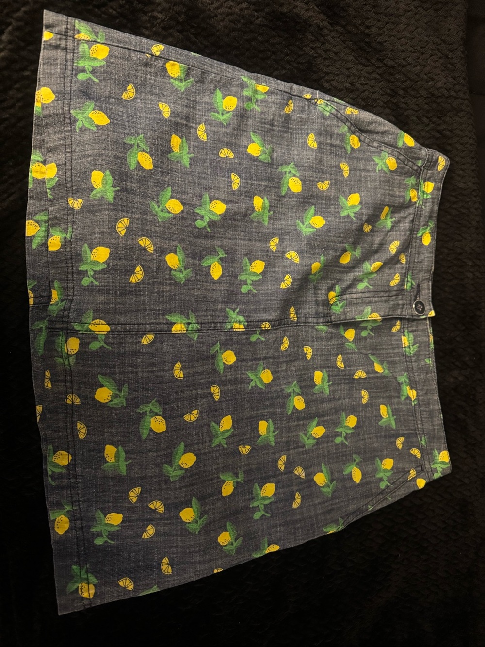 Karen Scott Blue Denim-Look Mini Skirt with Yellow Lemon Motif